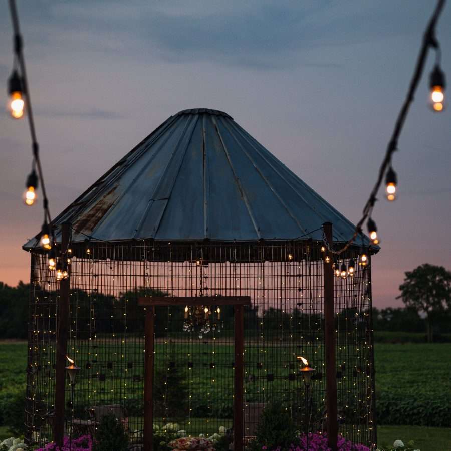 Gazebo Decorated with Lights at Sunset