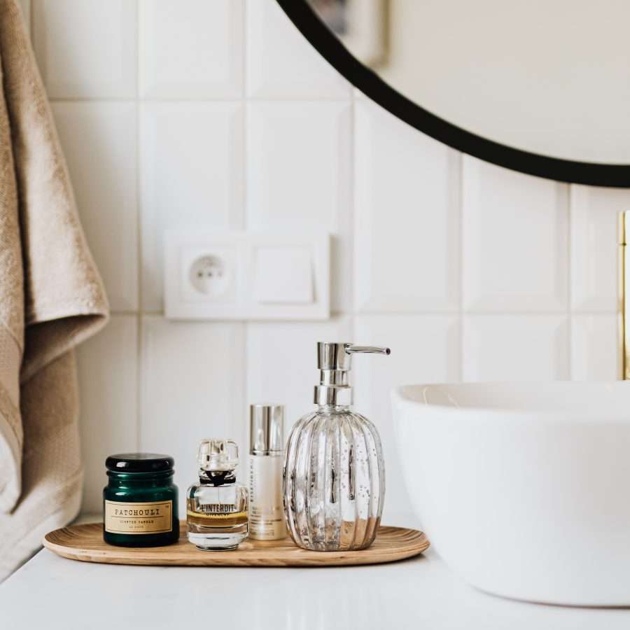  Set of skin care products in contemporary bathroom